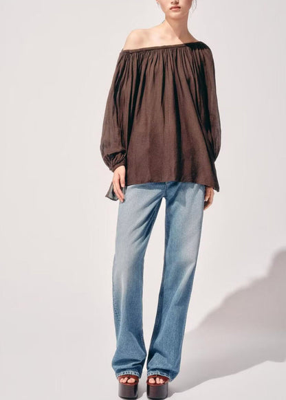 Style Brown Oversized Wrinkled Chiffon Shirt Top Summer