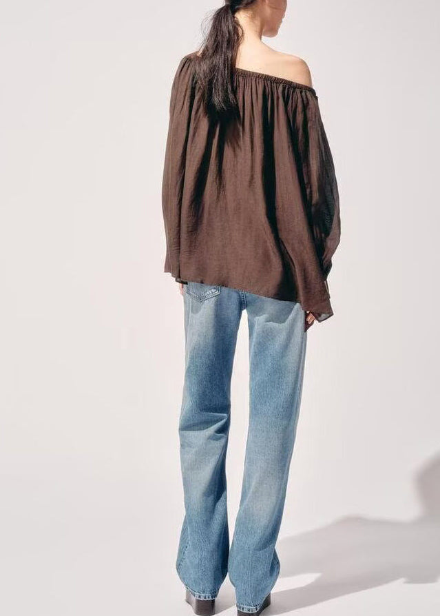 Style Brown Oversized Wrinkled Chiffon Shirt Top Summer