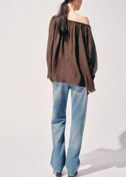 Style Brown Oversized Wrinkled Chiffon Shirt Top Summer