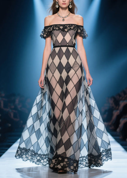 Style Brown Plaid Cold Shoulder Silk Strapless Dress Summer