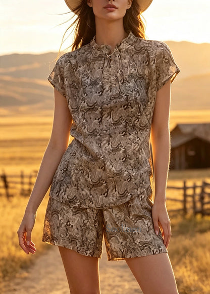 Style Brown Print Back Button Down Cotton Two Pieces Set Summer