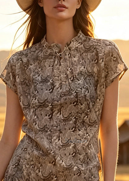 Style Brown Print Back Button Down Cotton Two Pieces Set Summer