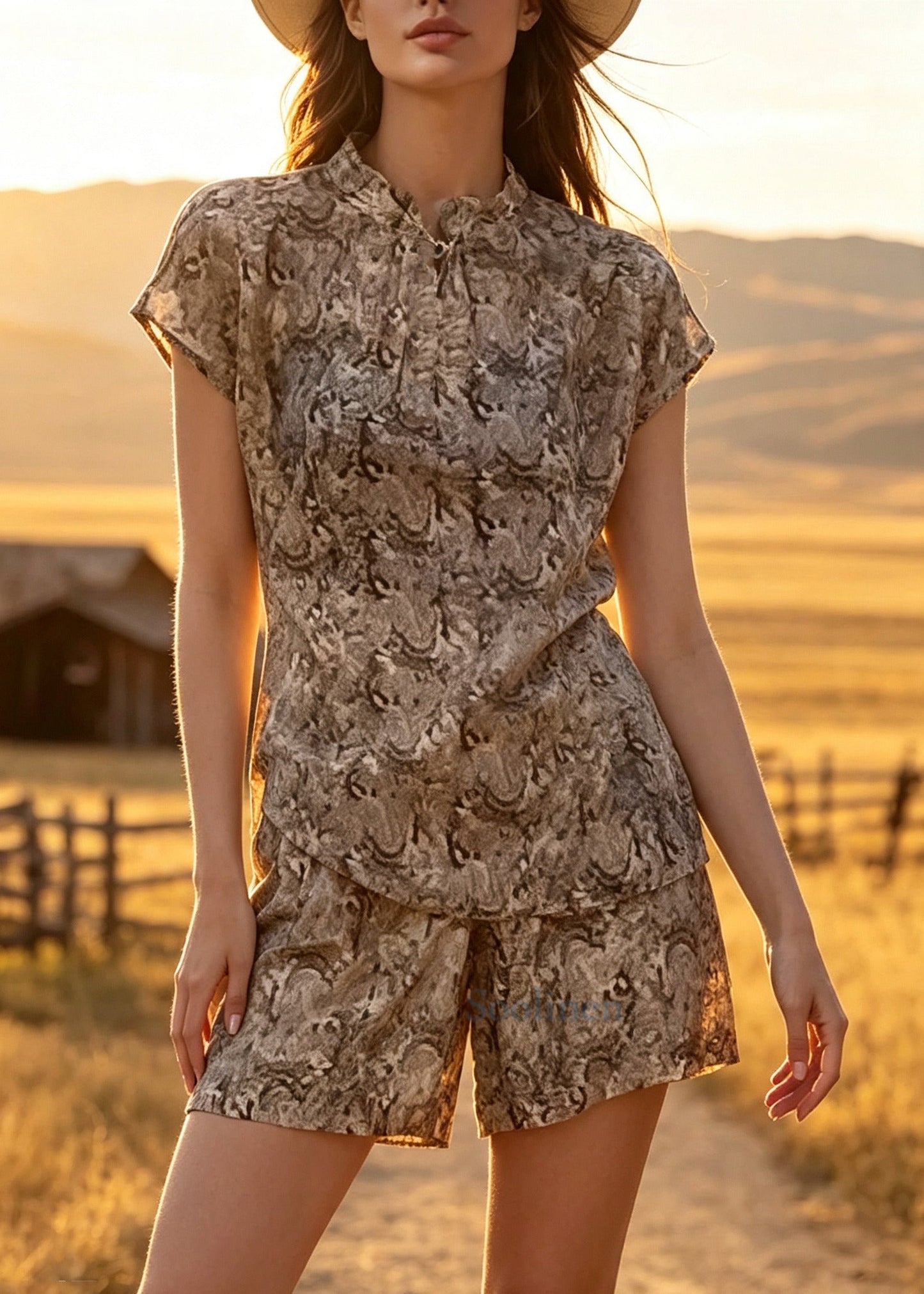 Style Brown Print Back Button Down Cotton Two Pieces Set Summer