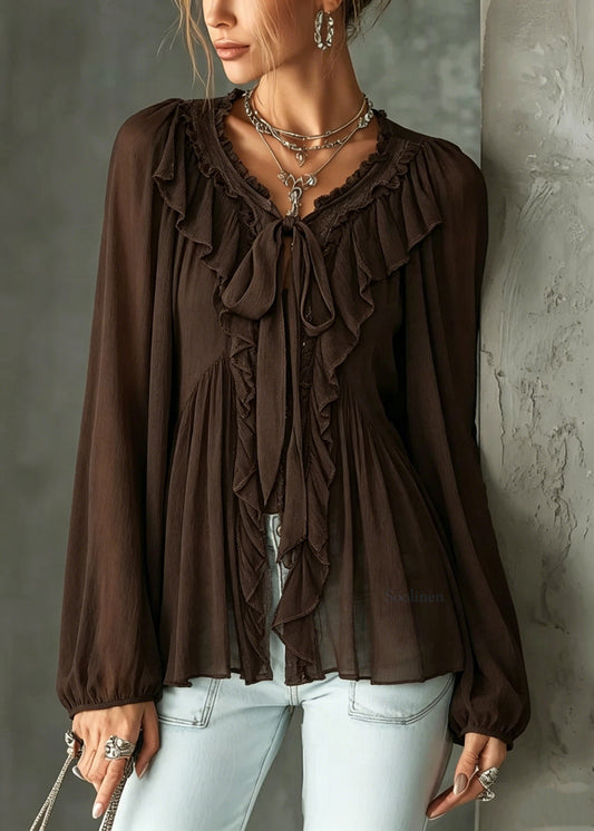 Style Brown Ruffled Patchwork Cotton Shirt Tops Long Sleeve