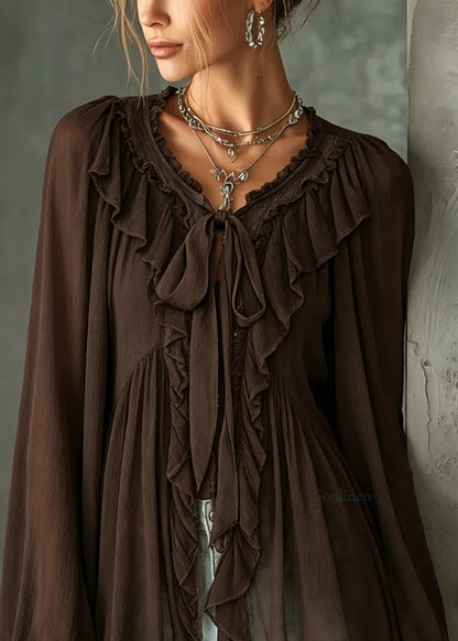 Style Brown Ruffled Patchwork Cotton Shirt Tops Long Sleeve