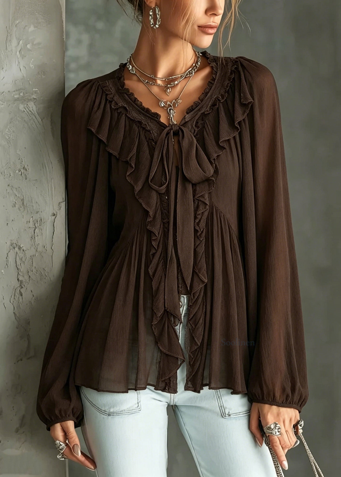 Style Brown Ruffled Patchwork Cotton Shirt Tops Long Sleeve