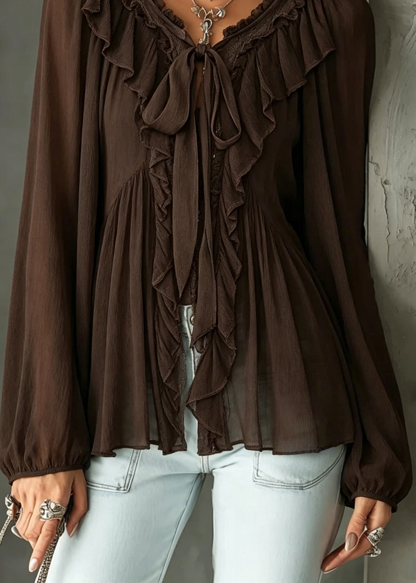 Style Brown Ruffled Patchwork Cotton Shirt Tops Long Sleeve