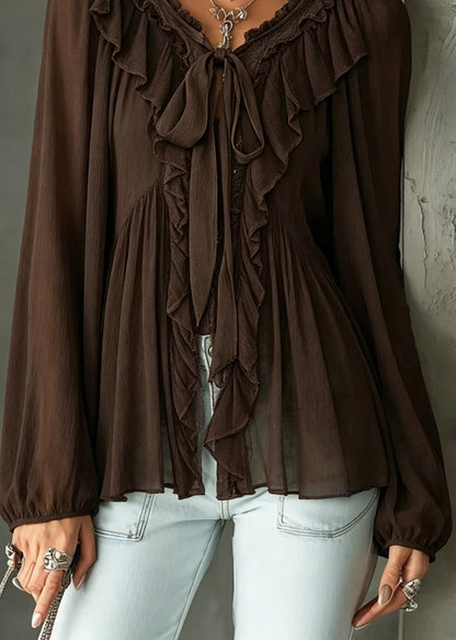 Style Brown Ruffled Patchwork Cotton Shirt Tops Long Sleeve