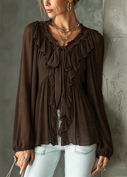 Style Brown Ruffled Patchwork Cotton Shirt Tops Long Sleeve