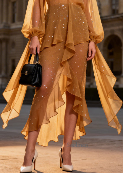 Style Brown Ruffled Rhinestone Chiffon Long Dress Summer