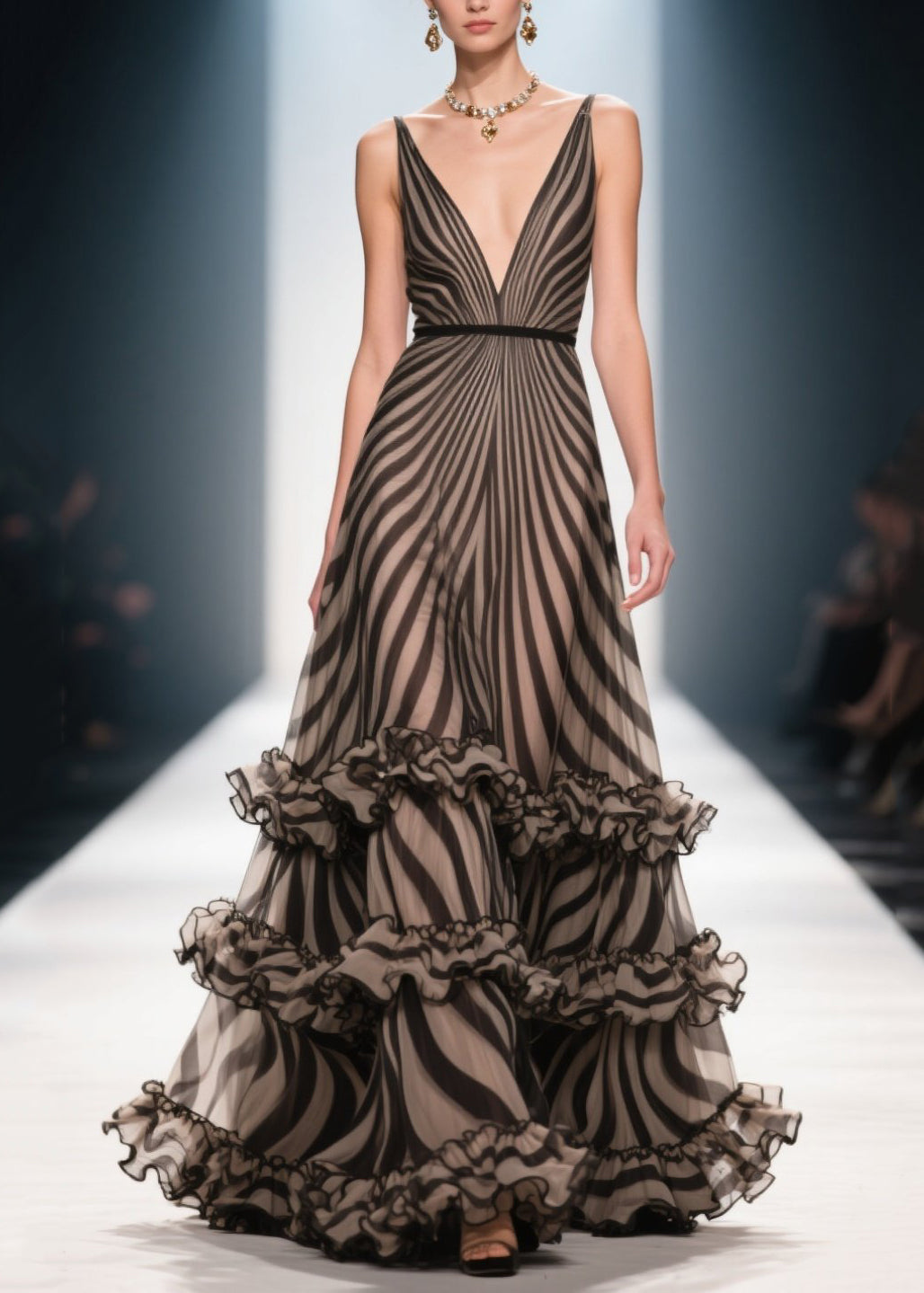 Style Brown Ruffled Striped Chiffon Evening Dress Summer