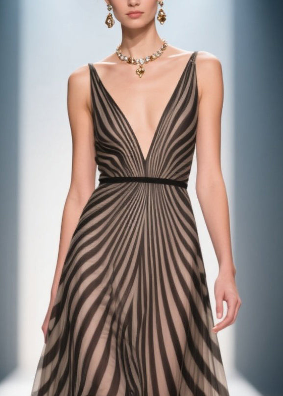 Style Brown Ruffled Striped Chiffon Evening Dress Summer