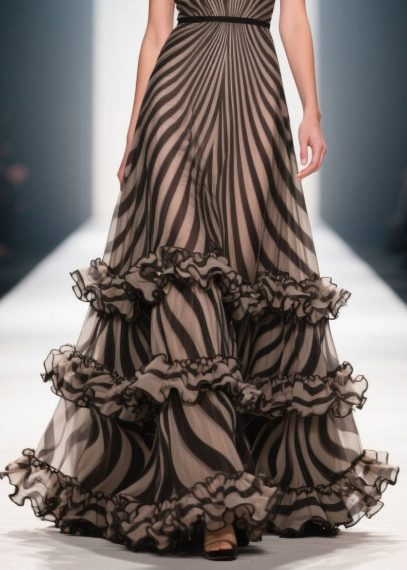 Style Brown Ruffled Striped Chiffon Evening Dress Summer