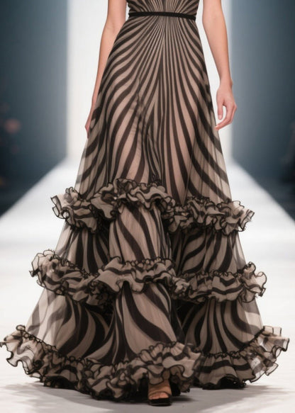 Style Brown Ruffled Striped Chiffon Evening Dress Summer