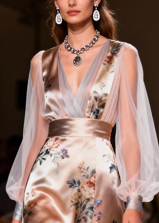 Style Champagne Print Patchwork Tulle Sheer Long Dresses Summer