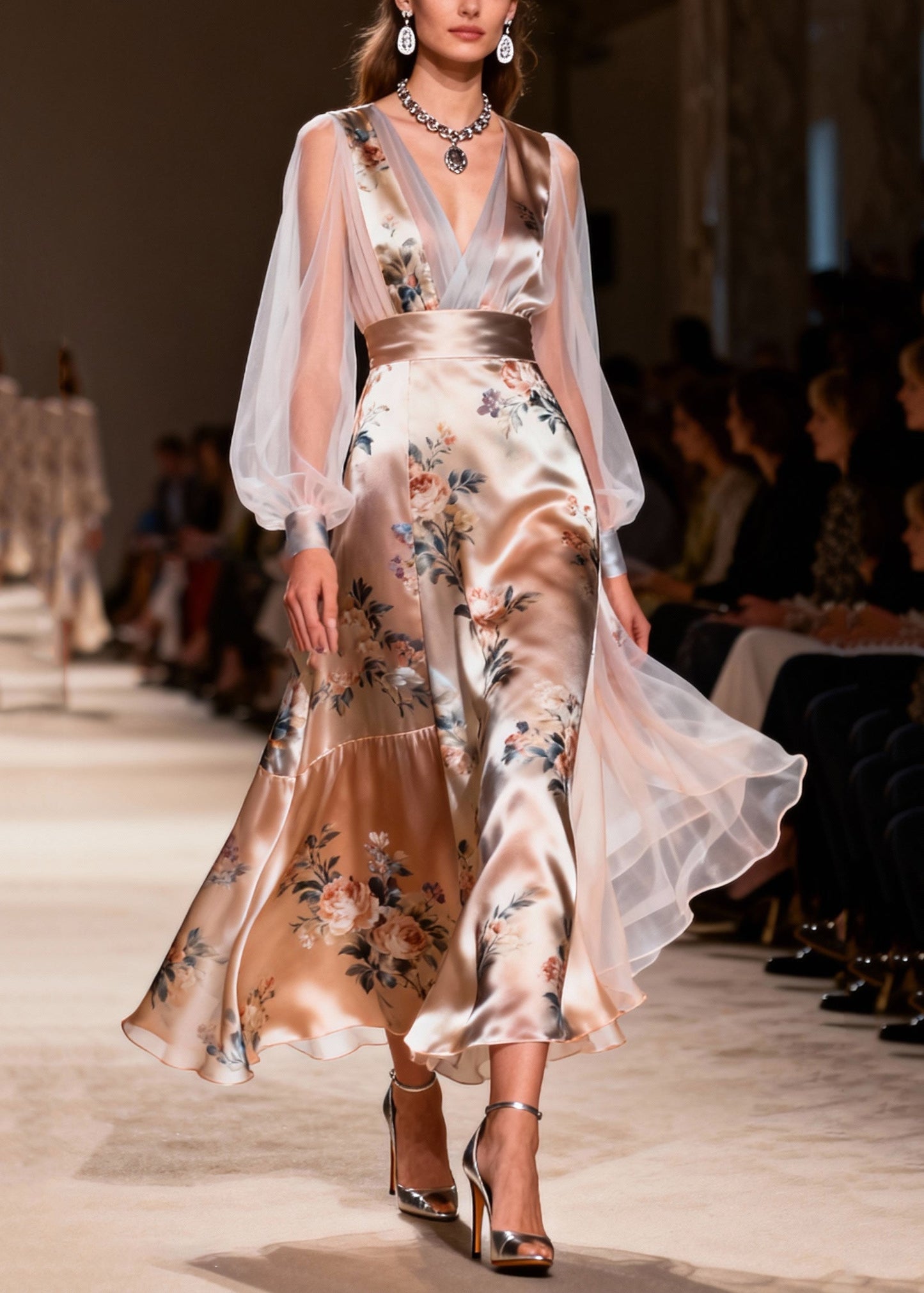 Style Champagne Print Patchwork Tulle Sheer Long Dresses Summer