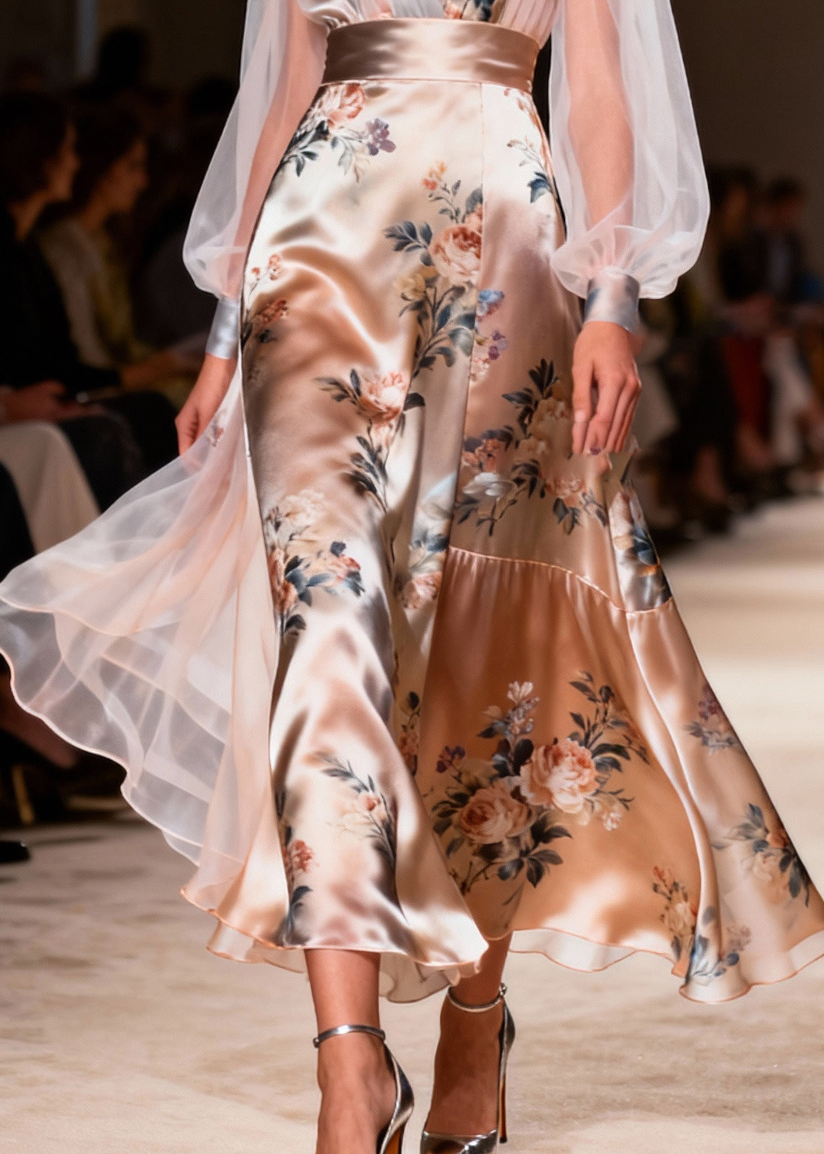 Style Champagne Print Patchwork Tulle Sheer Long Dresses Summer