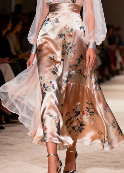 Style Champagne Print Patchwork Tulle Sheer Long Dresses Summer