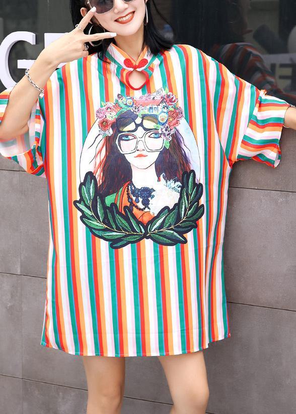 Style Chinese Button Cotton Wardrobes Fashion Ideas striped prints Dress summer - SooLinen