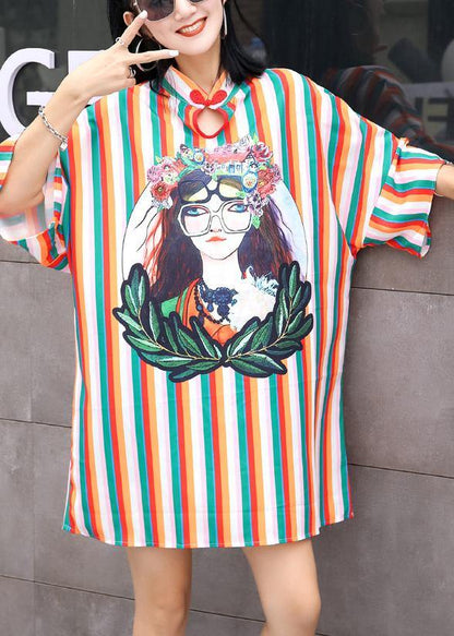 Style Chinese Button Cotton Wardrobes Fashion Ideas striped prints Dress summer - SooLinen