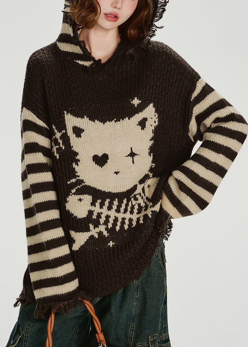 Suéter holgado de punto con borlas y capucha de color chocolate para invierno