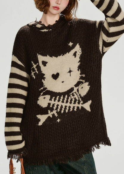 Suéter holgado de punto con borlas y capucha de color chocolate para invierno