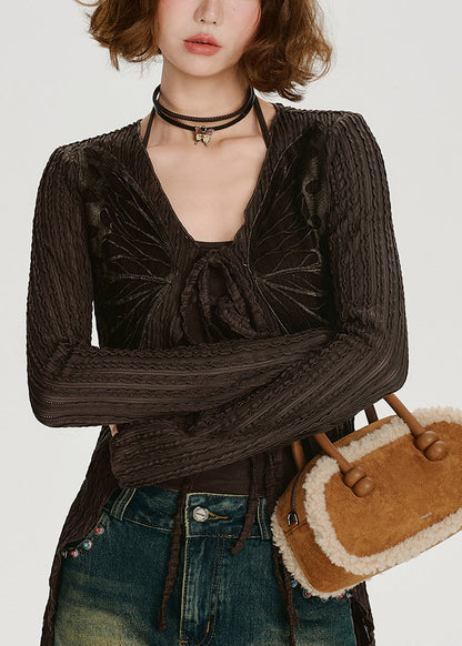 Cárdigan de algodón con mariposas y cordones de color chocolate para primavera