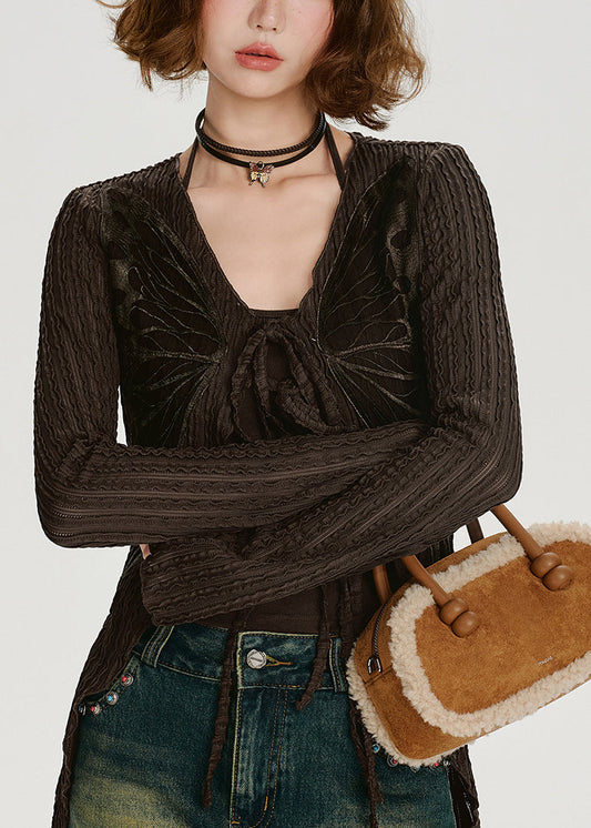 Cárdigan de algodón con mariposas y cordones de color chocolate para primavera