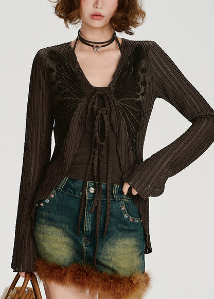 Cárdigan de algodón con mariposas y cordones de color chocolate para primavera