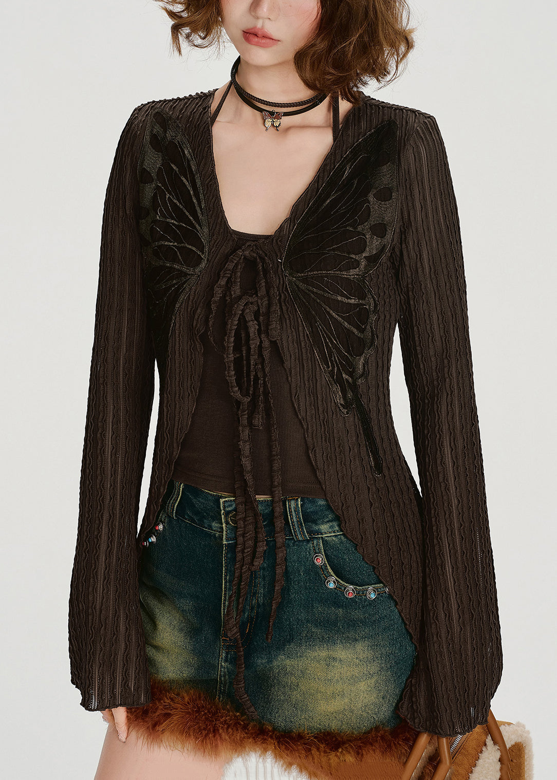 Cárdigan de algodón con mariposas y cordones de color chocolate para primavera