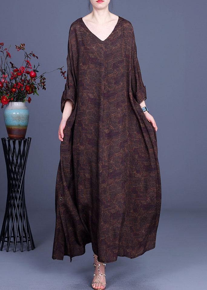 Style Chocolate Print V Neck side open Chiffon Dresses Summer - SooLinen