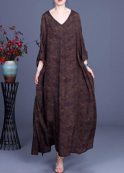 Style Chocolate Print V Neck side open Chiffon Dresses Summer - SooLinen