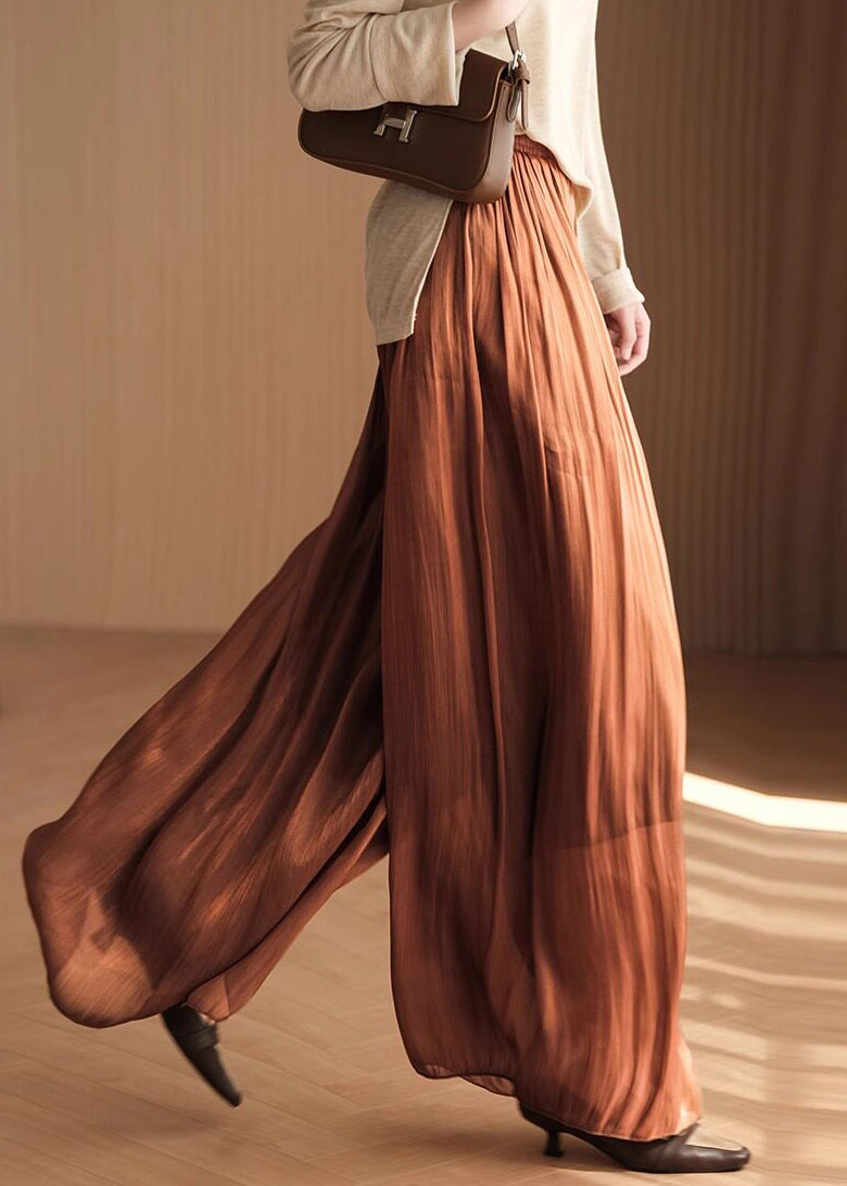 Style Coffee Elastic Waist Solid Chiffon Wide Leg Pants Summe