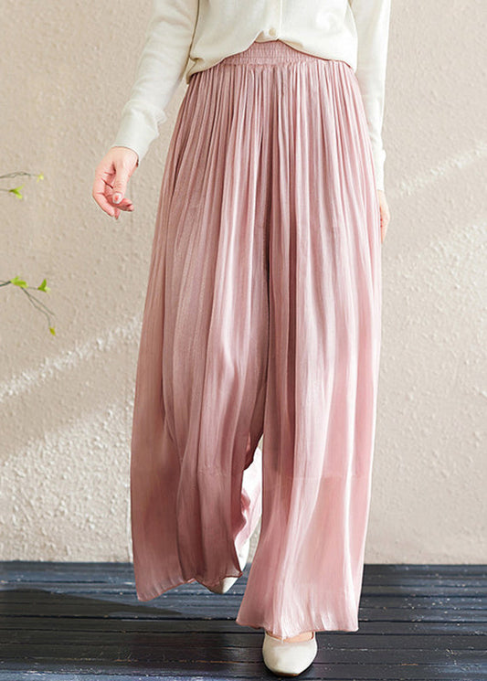 Style Coffee Elastic Waist Solid Chiffon Wide Leg Pants Summe