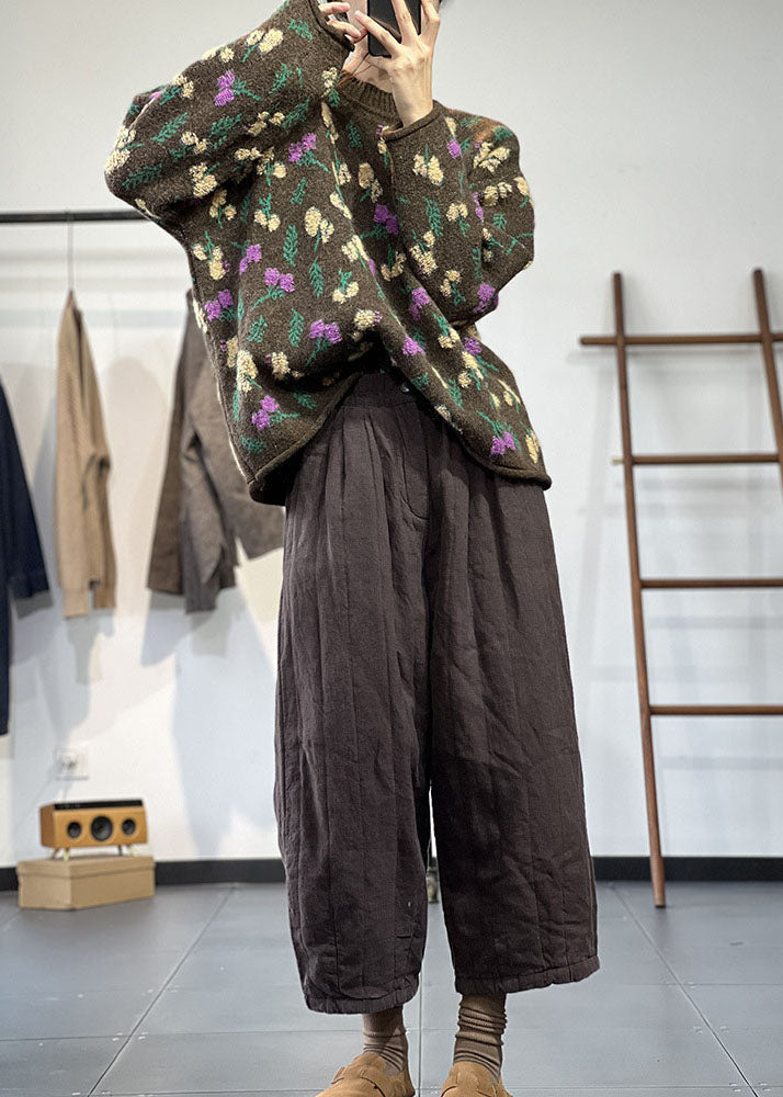 Stil Schokolade O-Ausschnitt Übergroße dicke Jacquard-Strickpullover Winter