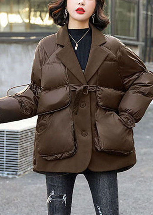 Stil Schokoladenbrauner Patchwork-Winter-Daunenmantel mit Peter-Pan-Kragen