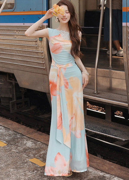 Style Cold Shoulder Print Lace Patchwork Tulle Long Dress Summer