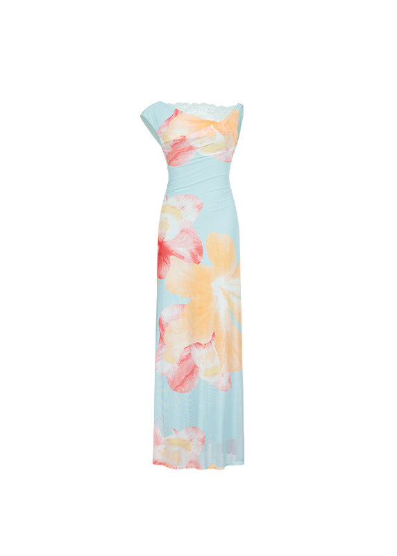 Style Cold Shoulder Print Lace Patchwork Tulle Long Dress Summer
