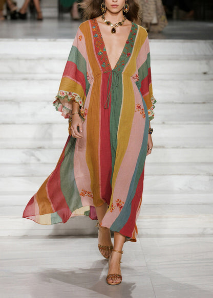 Style Colorblock Deep-V Neck Striped Cotton Holiday Dresses Spring