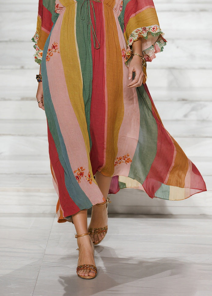 Style Colorblock Deep-V Neck Striped Cotton Holiday Dresses Spring