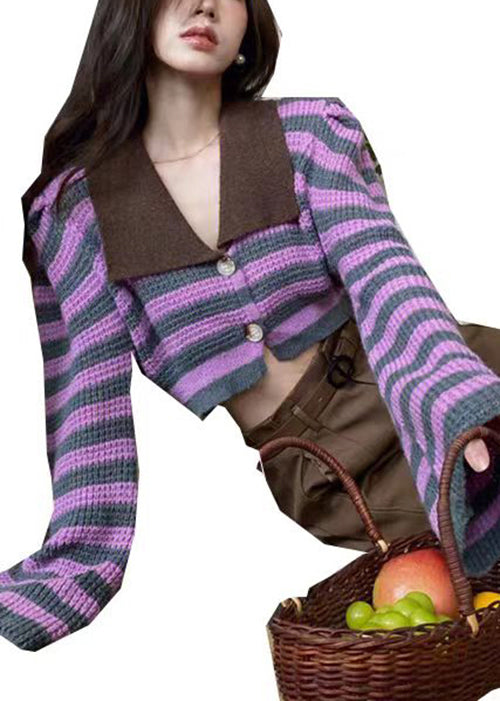 Estilo Bloques de color Cuello Peter Pan Botones a rayas Tops de punto Primavera