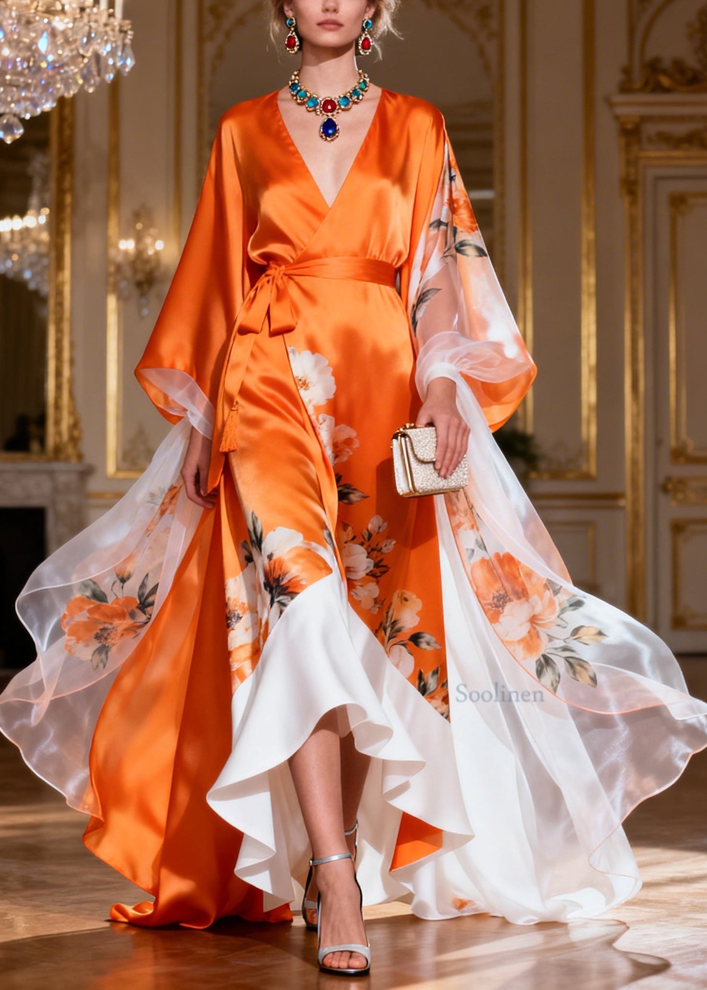 Style Colorblock Ruffled Tie Waist Patchwork Silk Ankle Dress Summer