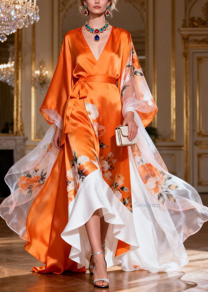 Style Colorblock Ruffled Tie Waist Patchwork Silk Ankle Dress Summer