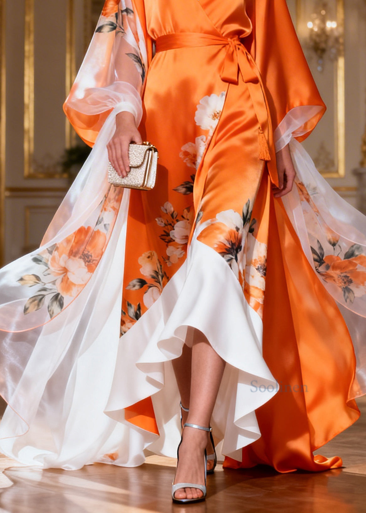 Style Colorblock Ruffled Tie Waist Patchwork Silk Ankle Dress Summer