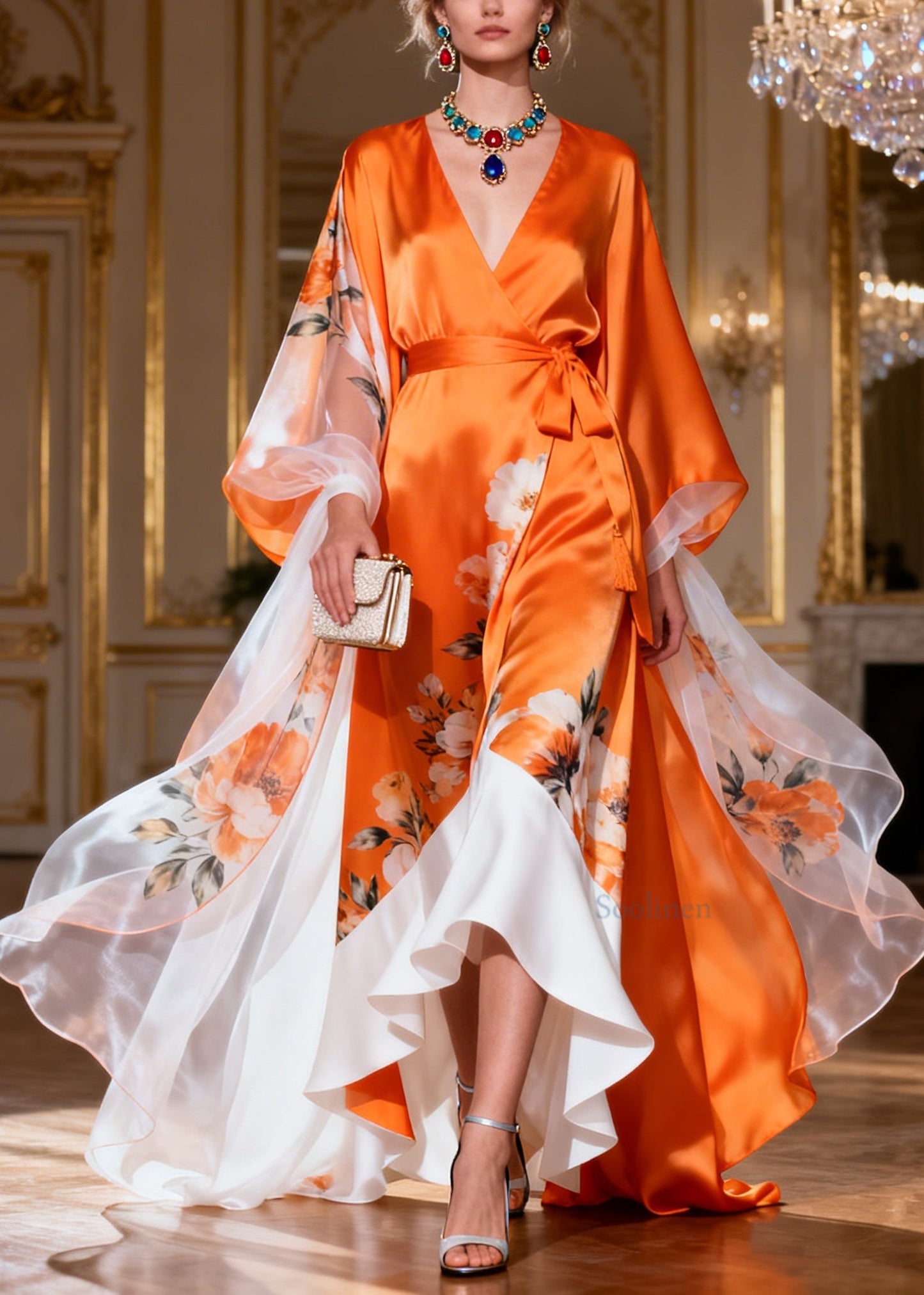Style Colorblock Ruffled Tie Waist Patchwork Silk Ankle Dress Summer