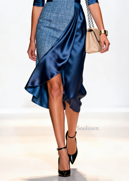Style Denim Blue Asymmetrical Patchwork Silk Dress Summer