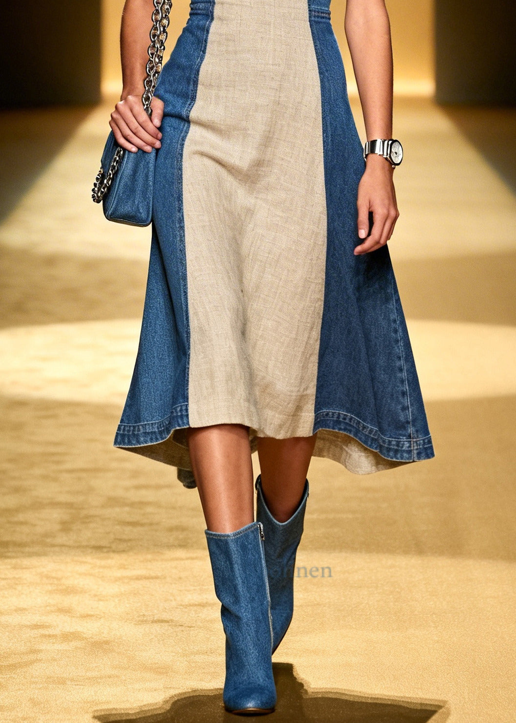 Style Denim Blue Patchwork Linen A Line Dress Summer