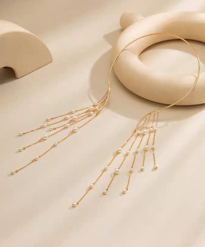 Style Gold Copper Alloy Pearl Beading Tassel Lariat Necklace