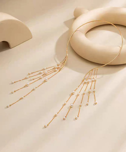 Style Gold Copper Alloy Pearl Beading Tassel Lariat Necklace