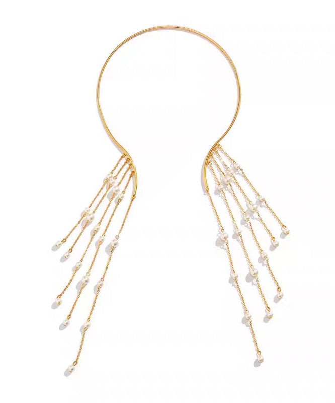 Style Gold Copper Alloy Pearl Beading Tassel Lariat Necklace